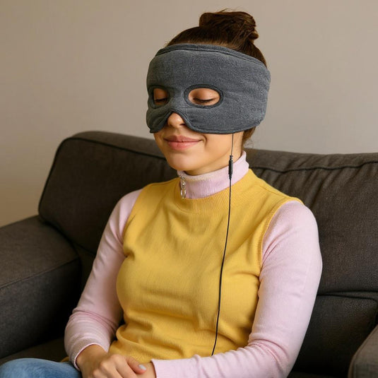 Woman wearing the ThermoRelief mask on the couch