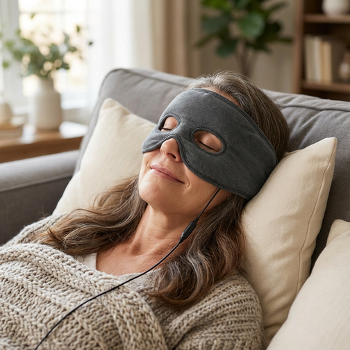 Femme portant le masque MASQUEA allongée sur un canapé